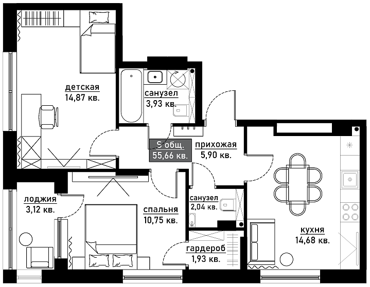 Оригинальная планировка двухкомнатной квартиры 55,66 м² в ЖК Аура